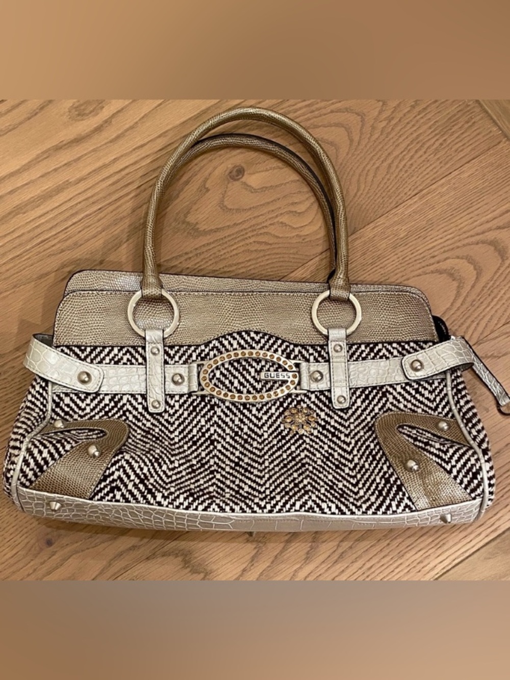 Y2K GUESS Tweed Metallic Handbag with Rhinestones and Embellishments